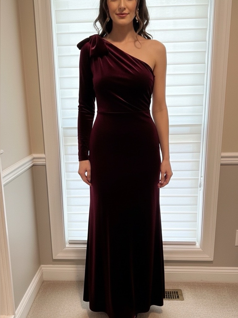 Taylor One-Shoulder Velvet Dress in Wine